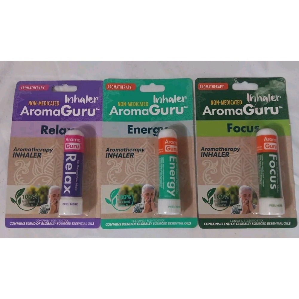 3 AromaGuru Inhalers Relax Energy‎ Focus Aromatherapy Non-medicated